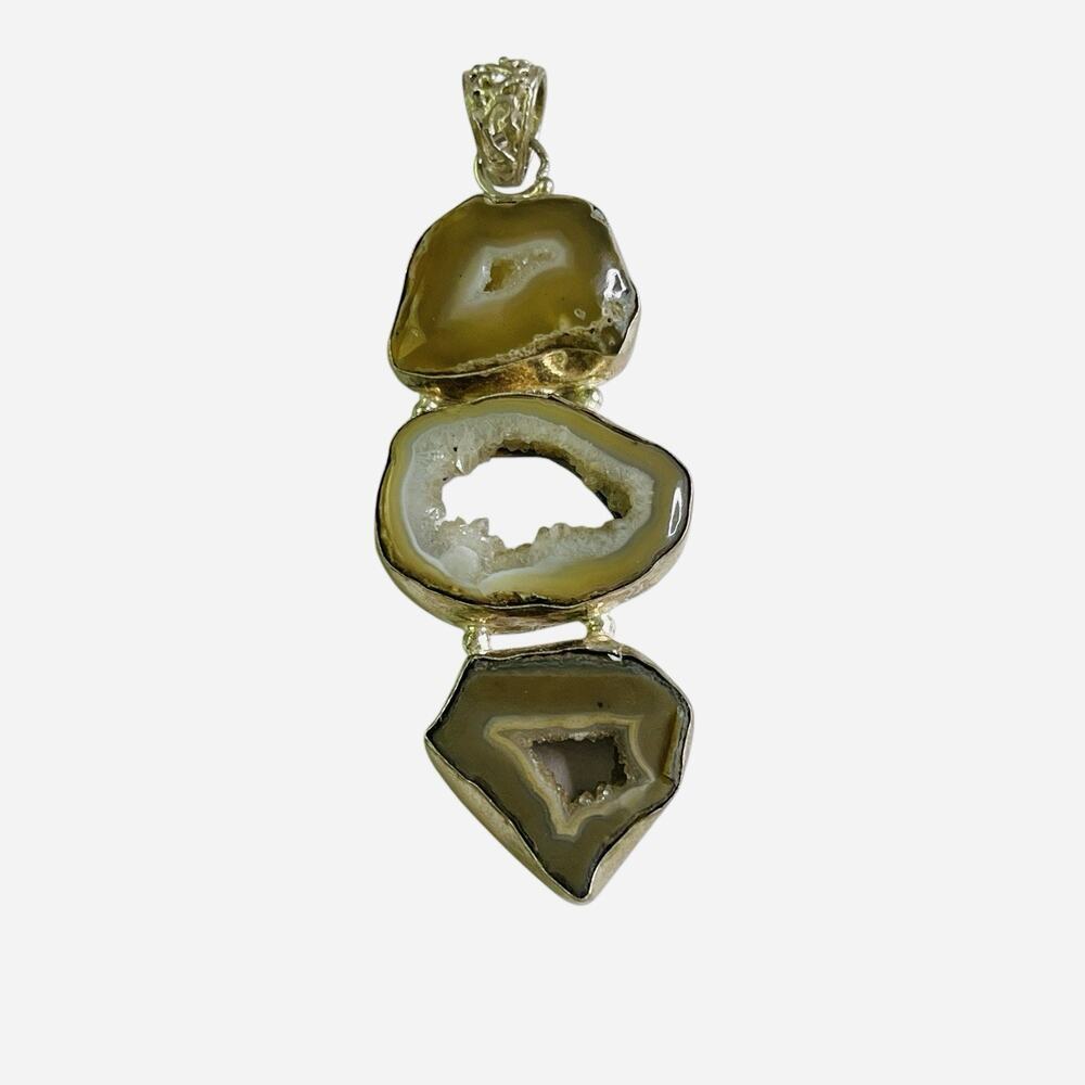 Natural Geode Agate Trio Pendant Sterling Silver 925 Earth Tone Green Gray Brown